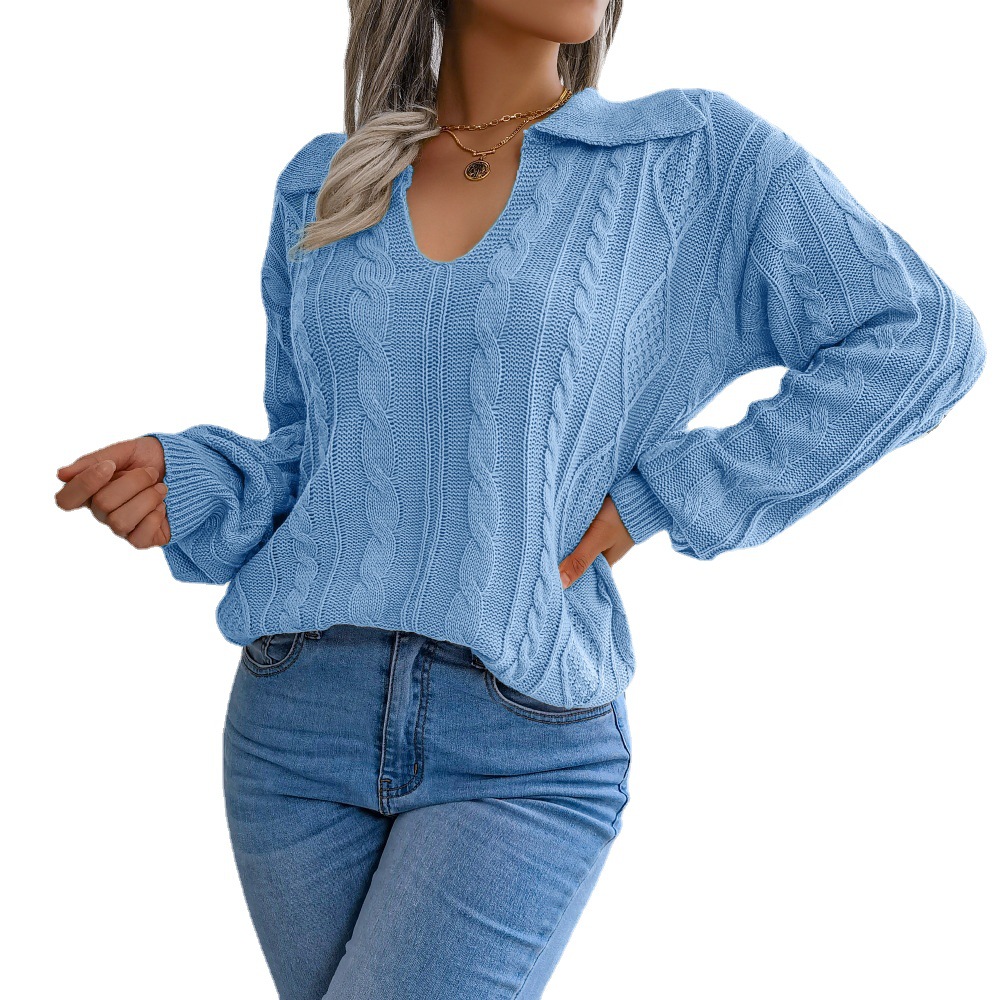 Autumn And Winter Casual Lapel Fried Dough Twist Lantern Sleeve Knitting Sweater - Image 4