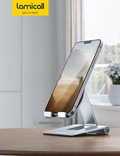 Lamicall Adjustable Cell Phone Stand Desk - Foldable Desktop Phone Holder, Cradle, Dock, Compatible with iPhone 14, Plus, Pro, Pro Max, 13 12 X XS,4-11'' Phones, Office Accessories, Smartphone Sliver - Image 2