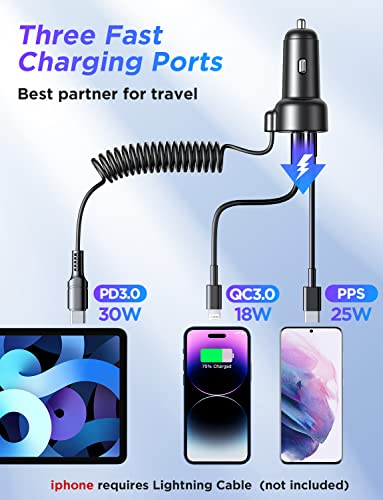 USB C Car Charger, 55W 3-Fast Port Super Fast Car Charger PD& QC3.0 with 5ft 30W Super Fast Type C Coiled Cable, Car Charger for Samsung Galaxy S22/21/iPhone/Google Pixel/Moto/LG/Android, iPad Pro - Image 5