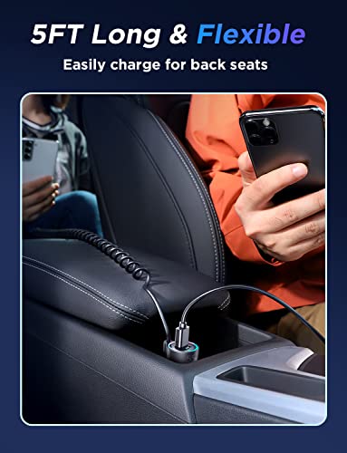 USB C Car Charger, 55W 3-Fast Port Super Fast Car Charger PD& QC3.0 with 5ft 30W Super Fast Type C Coiled Cable, Car Charger for Samsung Galaxy S22/21/iPhone/Google Pixel/Moto/LG/Android, iPad Pro - Image 2