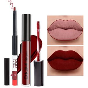 AMY'S DIARY 2pcs Matte Dark Red Lip Liner and Lipstick Makeup Set, Liquid Lipstick 24H and Lip Liner Set Matt Liquid Lips Make Up Waterproof Long Lasting Lipstick Matte Kit with Lip liner kit (02)