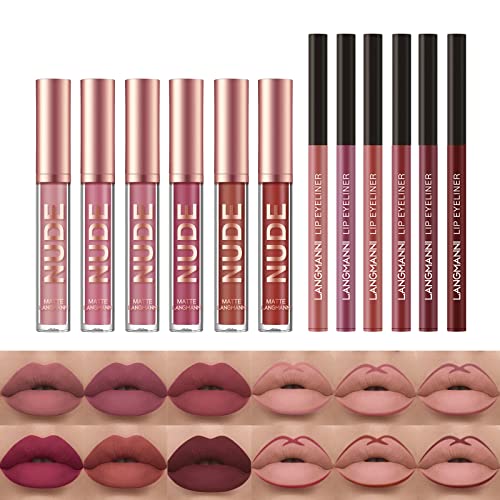 LANGMANNI 6 Matte Lipstick with 6 Lipliners Durable Lip Gloss Long-Lasting Non-Stick Cup Not Fade Waterproof High Pigmented Velvet Lipgloss Kit Beauty Cosmetics Makeup Gift for Girls(12PCS) - Image 2