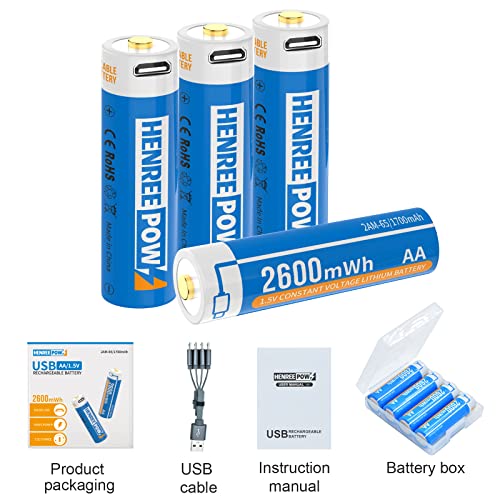 HENREEPOW 1.5V AA Lithium Rechargeable Batteries, High Capacity 2600mWh(1700mAh) Double A Lithium ion Rechargeable Battery, 1200 Cycles with 4 in 1 USB Charging Cable (4 Pack with Storage Box) - Image 2