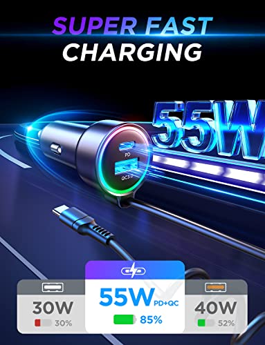 USB C Car Charger, 55W 3-Fast Port Super Fast Car Charger PD& QC3.0 with 5ft 30W Super Fast Type C Coiled Cable, Car Charger for Samsung Galaxy S22/21/iPhone/Google Pixel/Moto/LG/Android, iPad Pro - Image 7