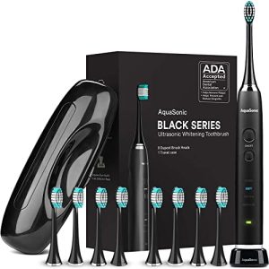 Aquasonic Black Series Ultra Whitening Toothbrush – ADA Accepted Electric Toothbrush - 8 Brush Heads & Travel Case - Ultra Sonic Motor & Wireless Charging - 4 Modes w Smart Timer - Sonic Electric