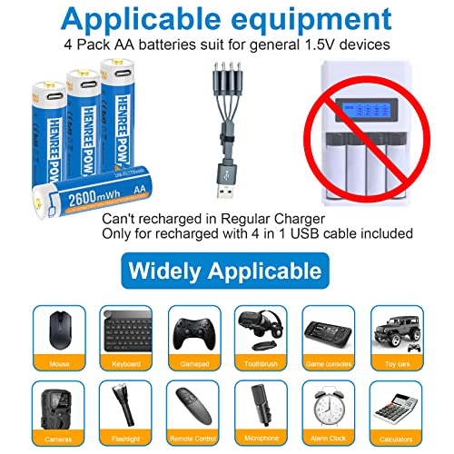 HENREEPOW 1.5V AA Lithium Rechargeable Batteries, High Capacity 2600mWh(1700mAh) Double A Lithium ion Rechargeable Battery, 1200 Cycles with 4 in 1 USB Charging Cable (4 Pack with Storage Box) - Image 5