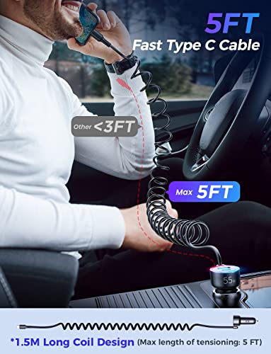 USB C Car Charger, 55W 3-Fast Port Super Fast Car Charger PD& QC3.0 with 5ft 30W Super Fast Type C Coiled Cable, Car Charger for Samsung Galaxy S22/21/iPhone/Google Pixel/Moto/LG/Android, iPad Pro - Image 6